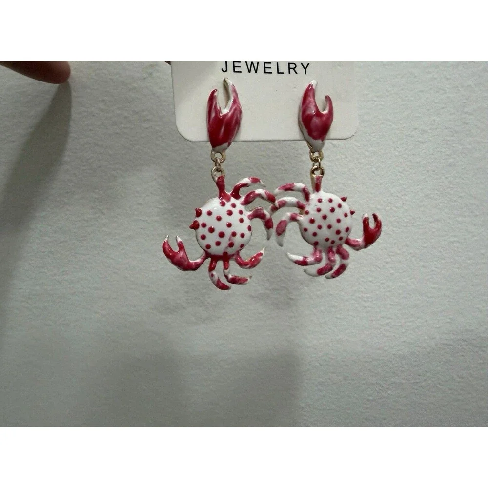 Pink White Polka Dot Ocean Crab Dangle Earrings Enamel Beach Jewelry NEW